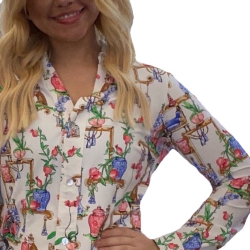 Kenny Dana upf 50 mayfair Floral chinoiserie Print Women's travel Top NEW